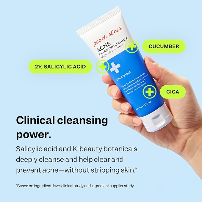 Peach Slices - Acne Clarifying Cleanser (4.05 oz) - 2% Salicylic Acid Acne Treatment - Clear & Prevent Breakouts, Hydrate - Cucumber, Cica, Acerola - Vegan, Cruelty Free, Korean Skin Care & Beauty