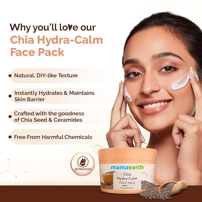 MAMAEARTH Chia Hydra-Calm Face Pack with Chia Seed & Ceramides for Intense Hydration & Skin Barrier Repair – 7.05 Oz (200g) | Soothes, Nourishes & Refreshes Dull Skin | For Men & Women