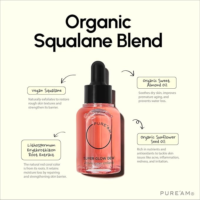 PURE’AM - Moisturizing Squalane Face Oil Serum- Plant Based Face Moisturizer Glowing Oil, Nourishing Facial Oil for Wrinkles & Fine Lines, Renewing Almond Oil for Skin Dullness, 1 fl oz