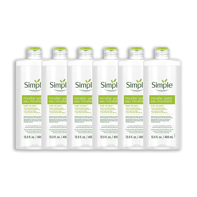 Simple Kind To Skin Micellar Water - Makeup Remover and Facial Cleanser - Face Cleanser with Pro-Vitamin B5, B3 and C - Vegan, No Perfumes - 6 pc