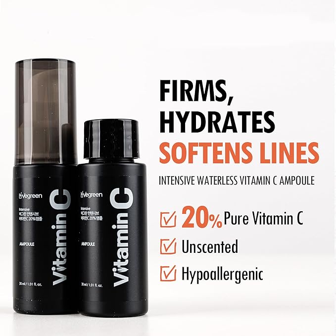 VEGREEN 20% Pure Vitamin C Ampoule for Face - Waterless Pure L-Ascorbic Acid & Chamomile for Sensitive Skin, Dark Spot Corrector, Brightening & Anti-Aging Korean Glass Skin Essence, 1.01 fl oz