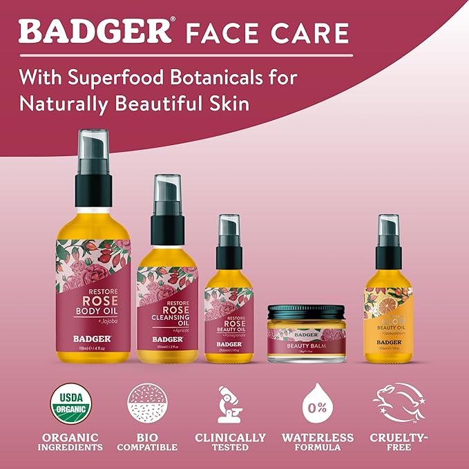 Badger Rose Face Cleansing Oil, Organic Facial Oil Cleanser & Makeup Remover, Oil Cleansing Method, Non-Greasy Moisturizing Skin Balancing Gentle Face Cleanser w/Pure Rose Oil, 2 fl oz Glass Bottle