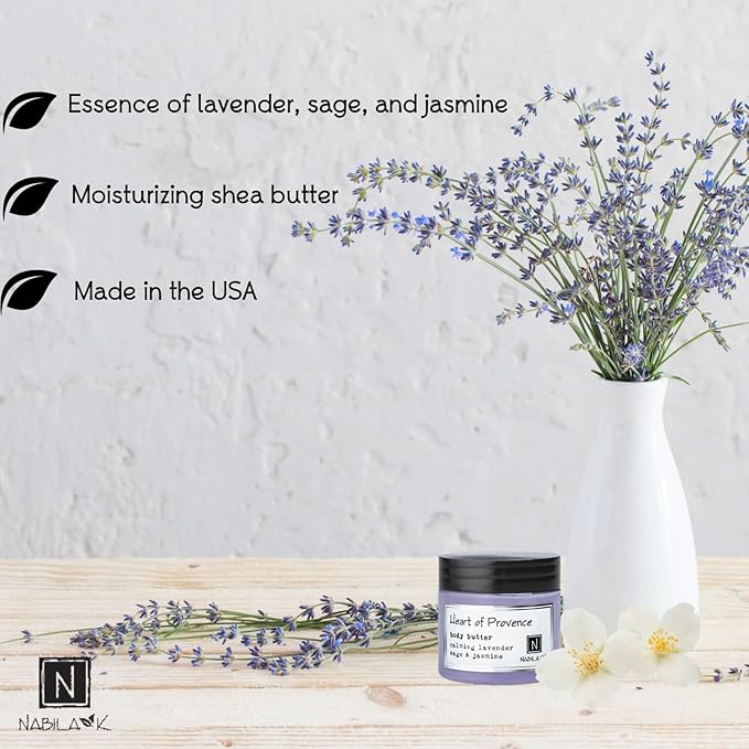Nabila K Body Butter - Daily Moisturizer for Body Care - Skin Hydrating Deep Moisturizing - Natural Ingredients - Heart of Provence - 2 oz
