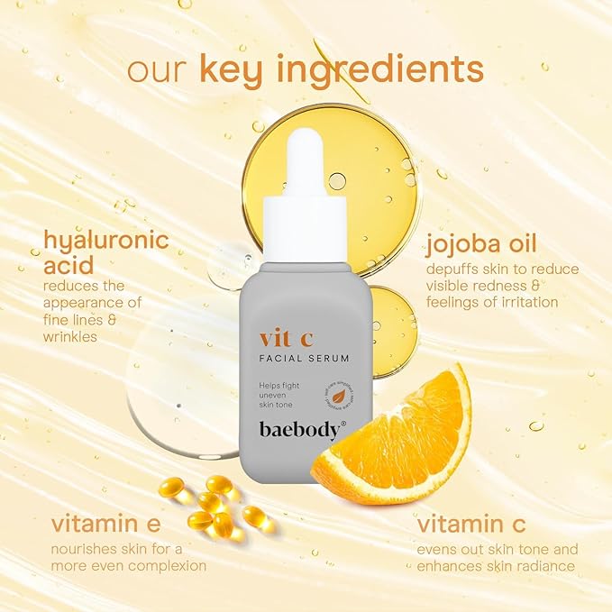 Baebody Made in USA Vitamin C Face Serum - Vitamin C Serum for Dark Spots and Dull Skin - With Hyaluronic Acid (1 fl oz/30 ml)