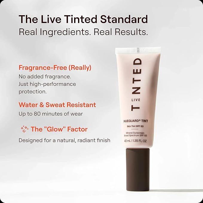 Live Tinted Hueguard Skin Tint SPF 50 - Tinted Mineral Sunscreen with Light-Medium Buildable Coverage With a Hydrating and Radiant Finish - Water and Sweat Resistant, 1.35 fl oz - Shade 10