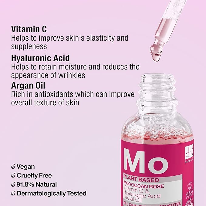 Dr Botanicals Vegan Moroccan Rose Superfood Face Oil with Vitamin C and Hyaluronic Acid | Nourishing Treatment for Youthful-Looking Skin | Enhances Elaciticity and Brightens Skin - Made in UK (30ml)