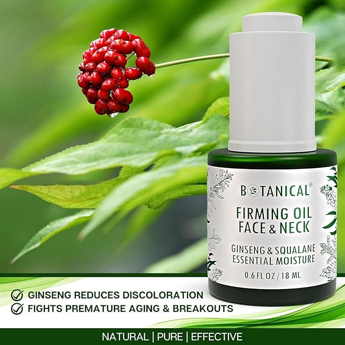 Botanical Essential Moisture Oil for Face & Neck Firming Serum | Anti-Wrinkle Ginseng & Squalane Serum w/Gua Sha Lift Scraper | Organic, Pure, Natural Skincare (0.6 fl oz | 18 ml)