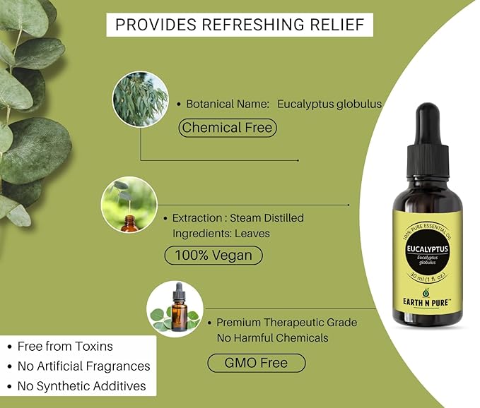 Earth N Pure Eucalyptus Essential Oil (Nilgiri Oil) Steam Distilled, Undiluted, Natural, Therapeutic Grade 15 ml