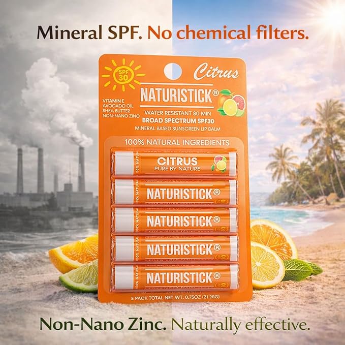 Naturistick UV Pro® Mineral SPF 30 Lip Balm – Citrus (5-Pack), Broad Spectrum Sun Protection