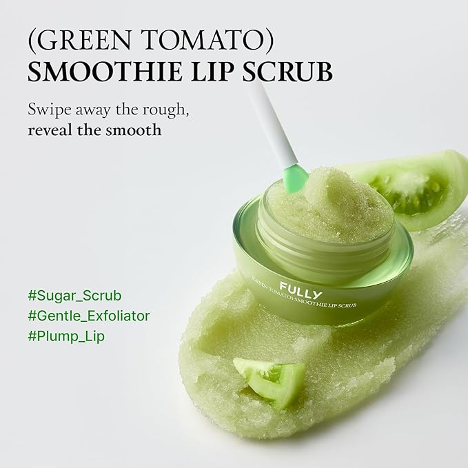 FULLY Green Tomato Smoothie Sugar Lip Scrub, Gentle Lip Exfoliator with Organic Sugar & Tomato Seed Oil for Smooth, Hydrated Lips, Vegan Daily Lip Polish for Dry, Flaky Lips, Korean Skincare, 0.42 oz