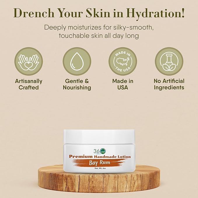 360Feel Bay Rum Body Lotion - Hydrates with Coconut & Olive Oil, Plant-Based, Non-Greasy, Sensitive Skin, All Day Use