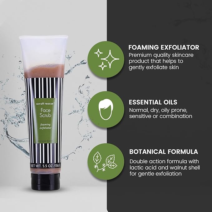 MGA Vegan Face Scrub - Scruff Rescue Face Scrub, Daily Exfoliator & Wash for Deep Cleaning | Prevents Blackheads & Ingrown Hairs | pH Balanced Walnut Shell Microdermabrasion | 5.5 oz