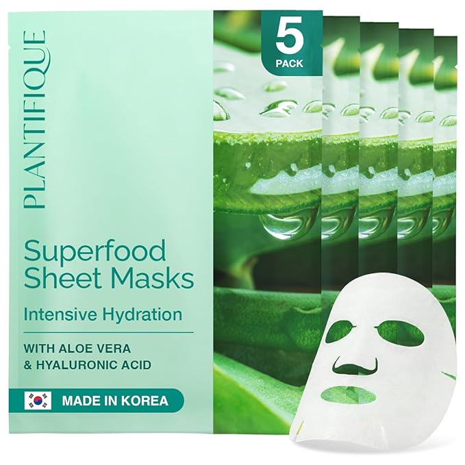 PLANTIFIQUE Korean Sheet Mask, 5 Pack - Hydrating & Nourishing Face Masks with Aloe Vera, Ceramide NP and Hyaluronic Acid - Mascarillas Faciales