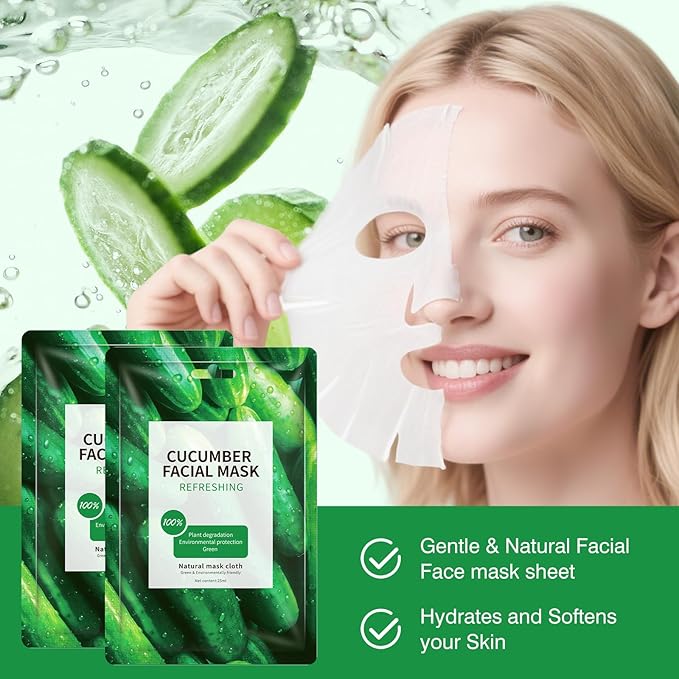 Cucumber Face Masks Sheet for Women,Moisturizes Facial Masks Oil Control,Hydrates, Soothes,Home Spa Facial Sheet Mask For All The Skin（6Pack）