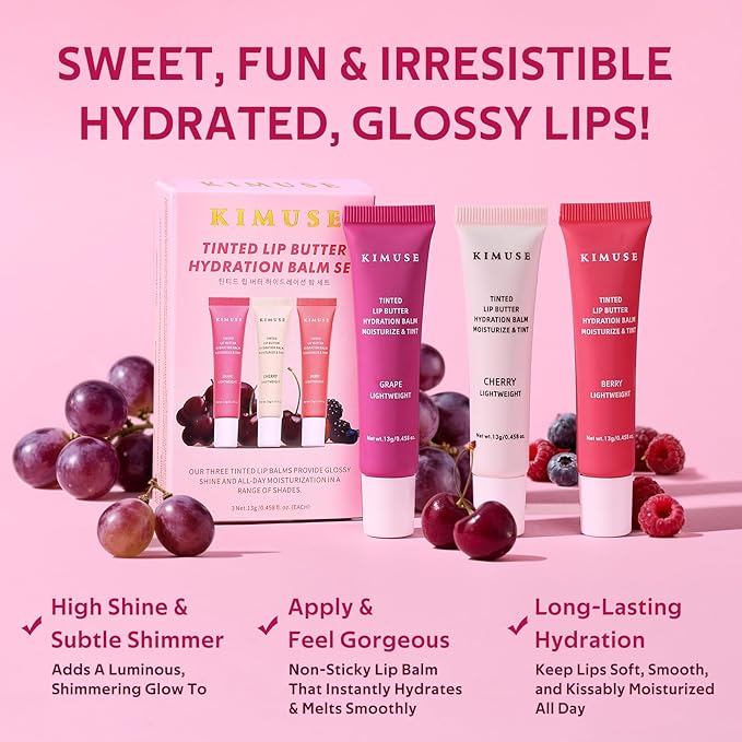 KIMUSE 3 Pack Tinted Lip Butter Hydration Balm, Hydrating Lip Treatment with Hyaluronic Acid & Vitamin E, Tinted Lip Balm for Instant Moisture, Shine & Hydration, Supple Lips, Vegan & Cruelty-Free