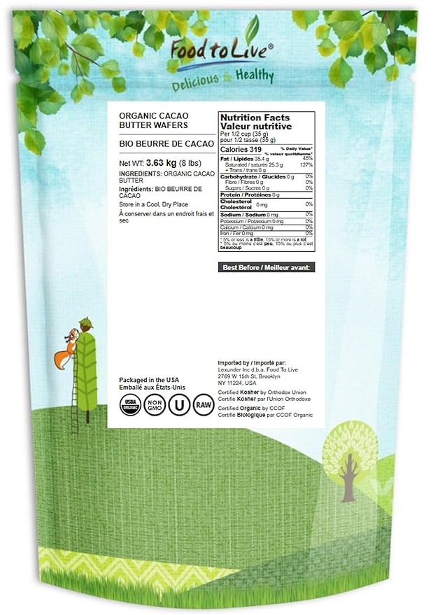 Food to Live Organic Cacao Butter Wafers, 8 Pounds - Non-GMO, Vegan, Food-Grade Cocoa Butter, Bulk, Ideal for Cooking, Baking, and Homemade Chocolate