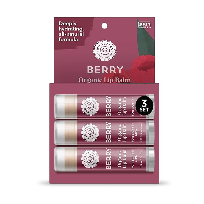 Lip Balm Set: Woolzies All-Natural Shea Butter, Beeswax, Coconut Oil, Vitamin E Infused Lip Moisturizer Care (3 Pack, Berry)