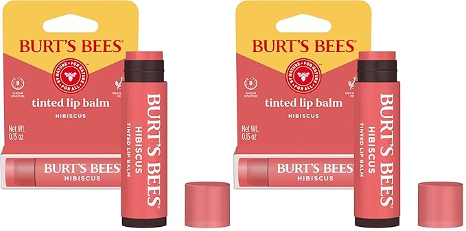 Burt's Bees Lip Tint Balm, Long Lasting 2 in 1 Duo Tinted Balm Formula, Color Infused with Hydrating Shea Butter for a Natural Looking Buildable Finish, Hibiscus, 1 Tube (Pack of 2)