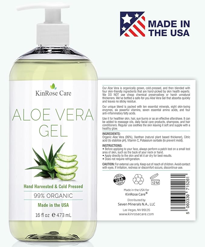 KinRose Care, 16oz Organic Aloe Vera Gel for Face, Skin, Hair & Sunburn Relief - From 100 Percent Pure Aloe Vera - Cold Pressed, Vegan, Unscented - Made in USA.