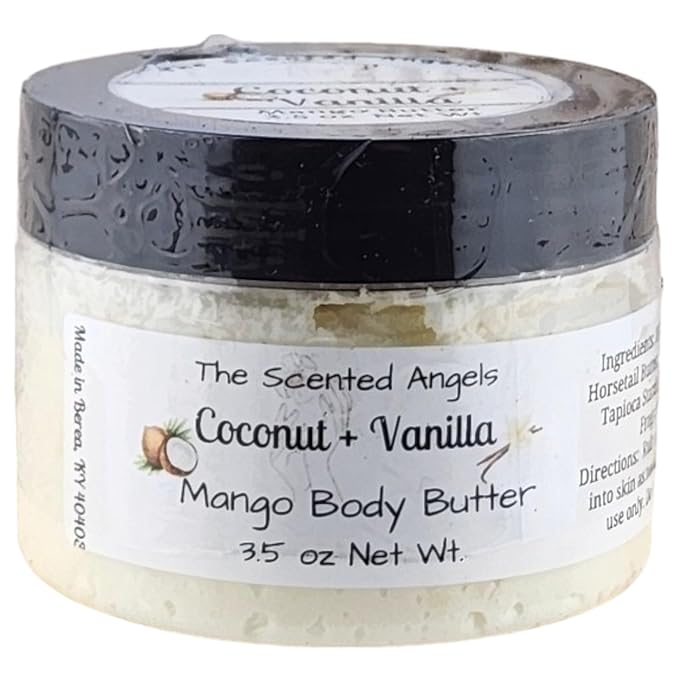 TSA Handmade Whipped Mango Coconut Vanilla Body Butter Cream, Luxury Body Lotion for Dry Skin, Daily Moisturizing Shea Butter, Sunflower Oil, Women, Men, Teens, 3.5 oz Jar (Coconut Vanilla, 3.5 oz)