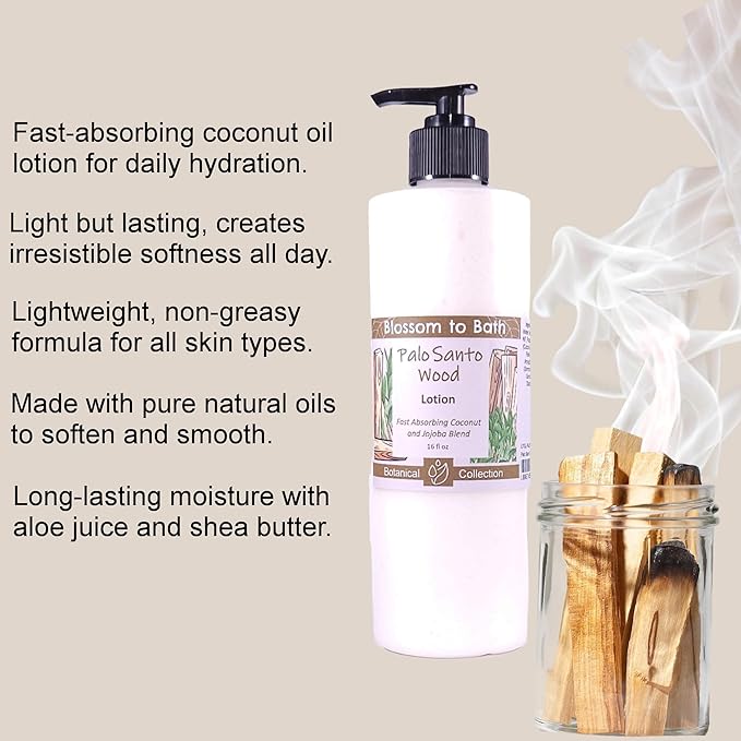 Blossom to Bath Palo Santo Wood Lotion (16 ounce) - Natural Fragrance - Absorbs Quickly with a Spa Inspired Herbal Scent