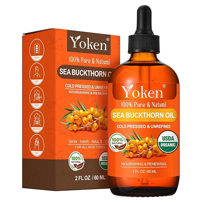 USDA Sea Buckthorn Oil Organic for Face Hair & Nails 2oz - 100% Cold Pressed Natural Facial Oils from SeaBuckthorn Berry for Deep Hydration & Skin Nourishment, aceite de espino amarillo organico