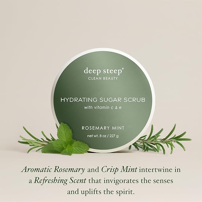 Deep Steep Sugar Scrub, Rosemary Mint, 8 oz – Exfoliating Body Scrub with Organic Coconut Oil, Shea Butter & Argan Oil – Vegan, Clean Beauty, Smooth, Soft & Nourished Skin