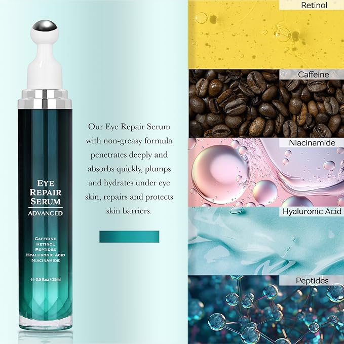 Under Eye Cream for Dark Circles and Puffiness, Eye Serum with Caffeine, Retinol, Peptides & Hyaluronic Acid.