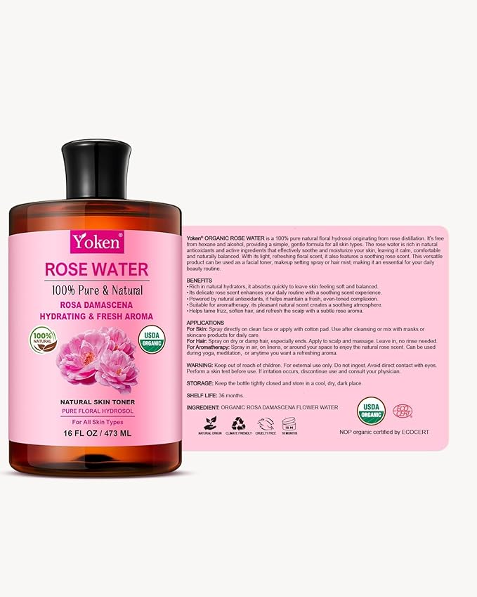Yoken Organic Rose Water Toner for Face, 16 Fl Oz, 100% Pure & Natural Rosa Damascena Rose Hydrosol, USDA Certified Organic, Hydrating Rosewater for Skin & Hair, Alcohol Free, Vegan, No Dyes