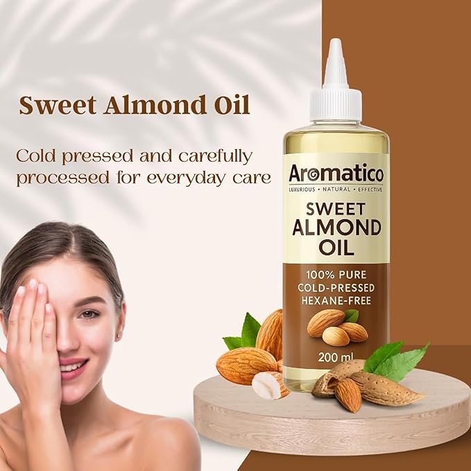 Aromatico Cold Pressed Sweet Almond Oil. Lightweight, Natural Moisturizing Oil for Hair, Skin & Body - 7 fl oz