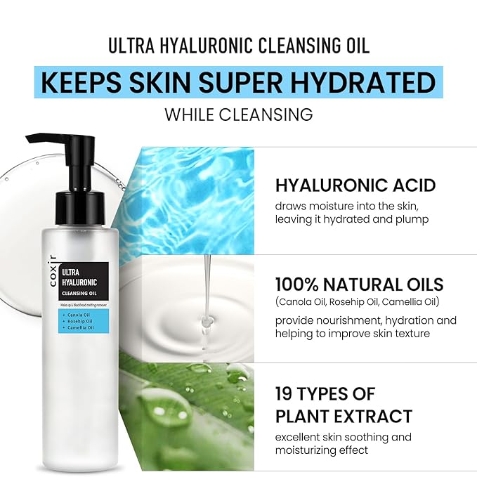 coxir Ultra Hyaluronic Cleansing Oil - Gentle Korean Oil Cleanser for Makeup, Blackheads & Pore Care, Multi-Layer Hyaluronic Acid, Vegan Formula for All Skin Types, Non-Comedogenic, 5.07 fl oz