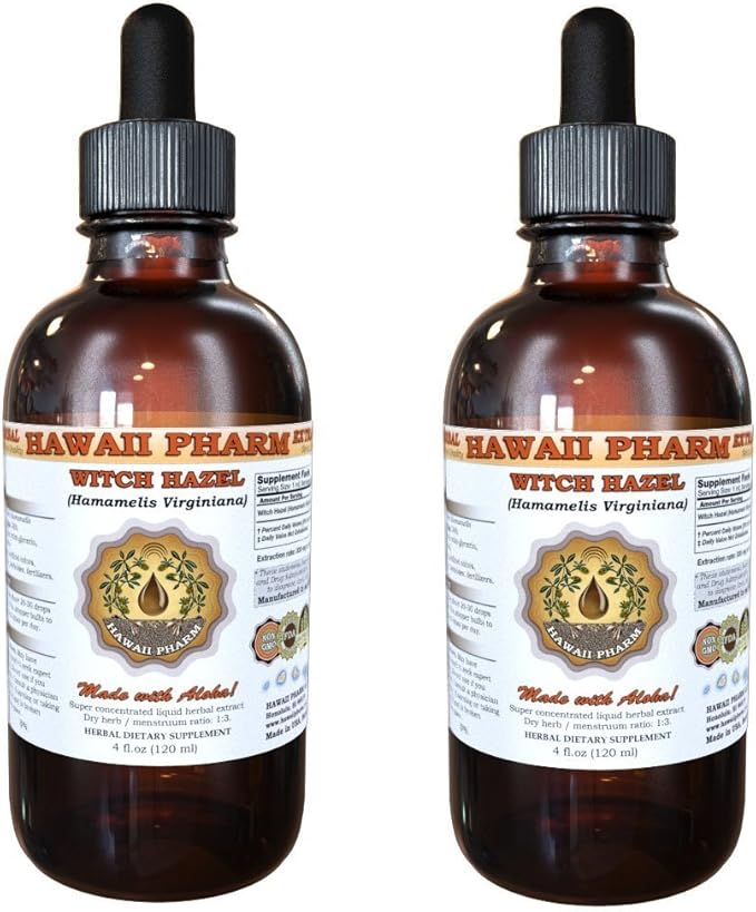 Witch Hazel Liquid Extract, Witch Hazel (Hamamelis Virginiana) Tincture, Herbal Supplement, Hawaii Pharm, Made in USA, 2x4 fl.oz