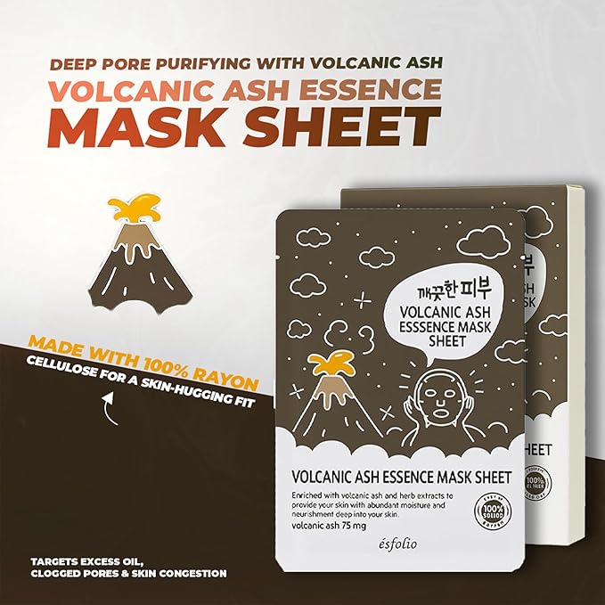 esfolio Volcanic Ash Face Mask – Deep Cleansing Korean Sheet Mask for Pore Care, Oil Control, Acne-Prone & Oily Skin – Hydrating & Purifying Skincare for Clear, Radiant Complexion (Pack of 10)