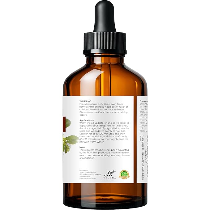 velona Jojoba Oil - 4 Fl Oz (With Dropper) | 100% Pure and Natural | Golden, Unrefined, Cold Pressed, Hexane Free | Moisturizing Face, Hair, Body, Skin Care