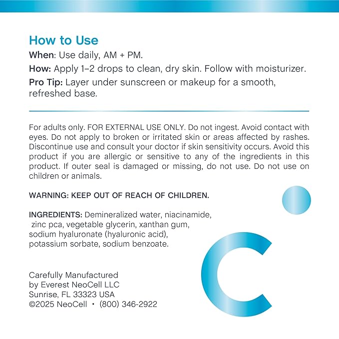 NeoCell Niacinamide Hyaluronic Acid Serum | 2 fl oz | Plus Zinc | Moisturizing Formula | for Face and Neck | Advanced Skincare