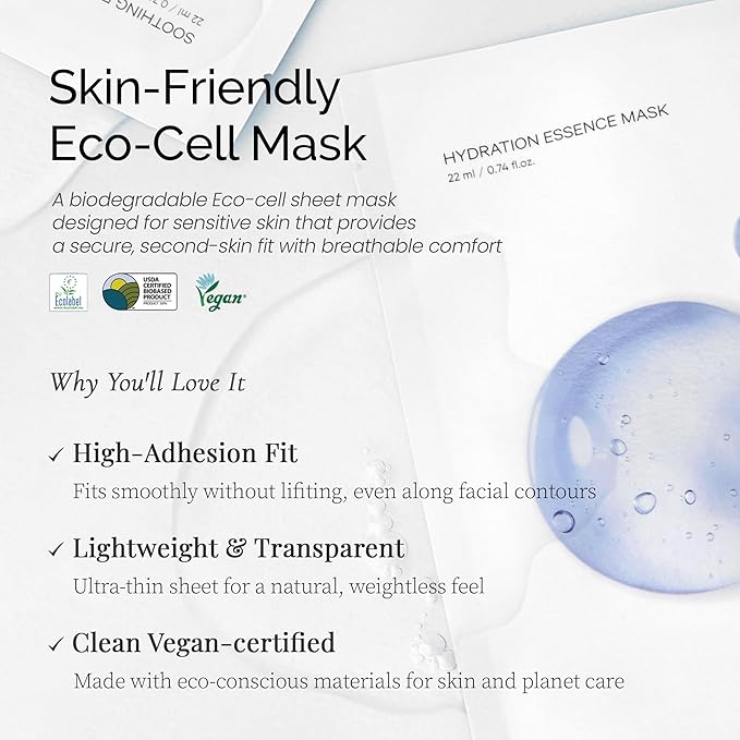 Hydration Essence Mask (5+1ea), Intensive Hydrating Sheet Mask for Dry & Sensitive Skin, Deep Moisture Korean Skincare Facial Mask, Clean Beauty, Vegan