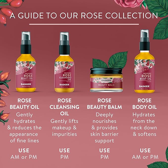 Badger Rose Face Cleansing Oil, Organic Facial Oil Cleanser & Makeup Remover, Oil Cleansing Method, Non-Greasy Moisturizing Skin Balancing Gentle Face Cleanser w/Pure Rose Oil, 2 fl oz Glass Bottle