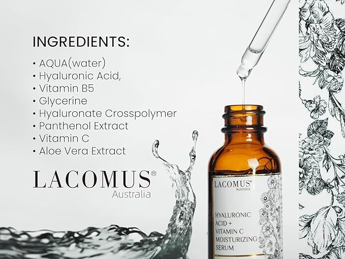Hyaluronic Acid + Vitamin C Moisturizing Serum for Fine Lines and Blemishes - Organic and Cruelty-Free Skin Health Booster - Moisturizing Formula for Youthful Skin - LACOMUS Australia