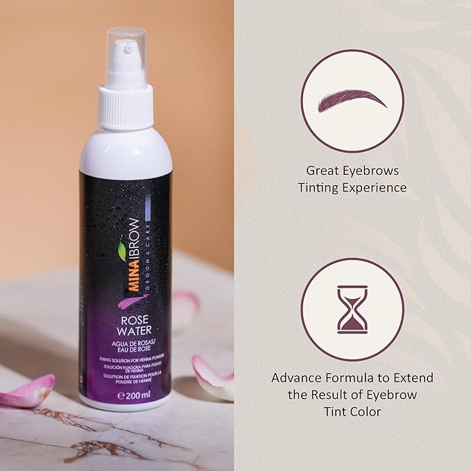 Mina Rose Water Facial Toner And Eyebrow Henna Tint Fixing Solution | Organic, Refreshing Natural Rose Water | 200ml