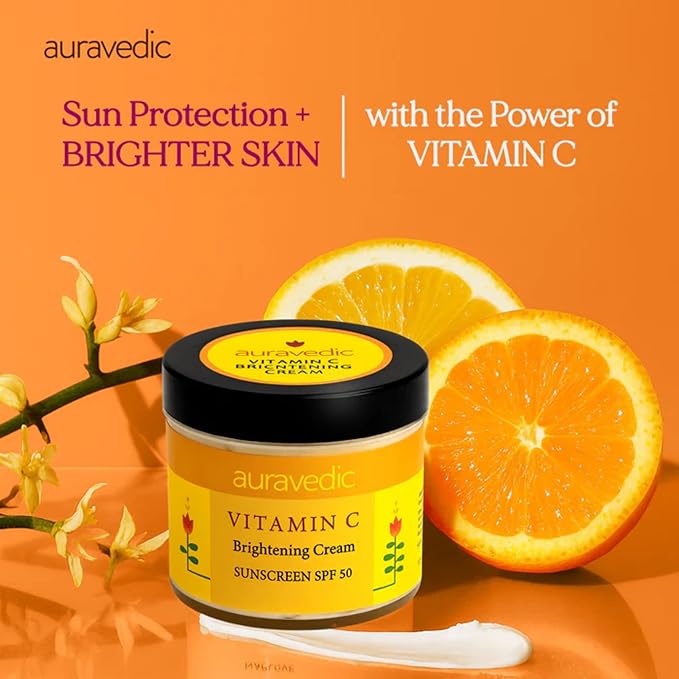 Auravedic Vitamin C Face Cream with SPF 50 for Glowing Skin | Reduces Sun Damage & Revives Dull Skin | Organic Hydration | Argan & Avocado Oil Infused Sunscreen Moisturizer | 3.53 Oz (100g)