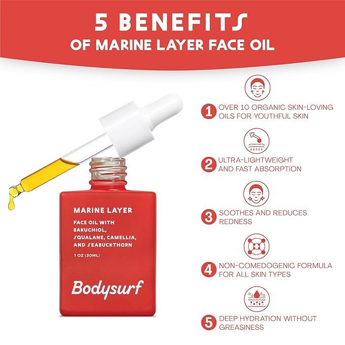 Bodysurf Bakuchiol Face Oil & Serum Alternative - Anti-Aging Facial Oil with Camellia, Seabuckthorn & Jojoba - Hydrating Organic Skincare Faceoil for Radiance & Wrinkles Marine Layer (1oz)