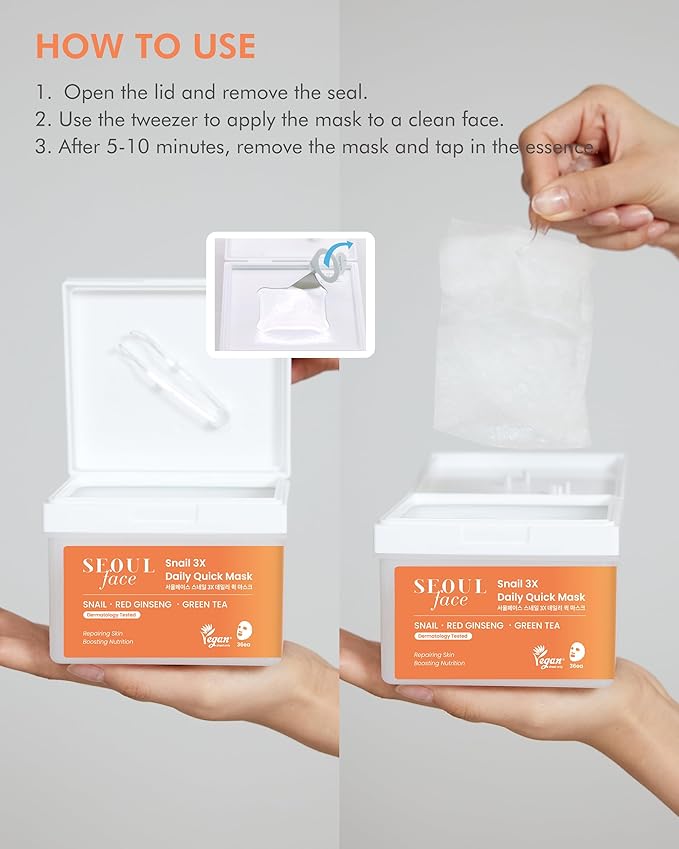 DERMAL Seoul Face Snail Mucin 5-Min Quick Sheet Mask 36 Count Bulk, Korean Morning Pull-Out Dispenser with Tweezers, Red Ginseng Green Tea Antioxidant Face Mask for Skin Renewal, Vegan Tencel