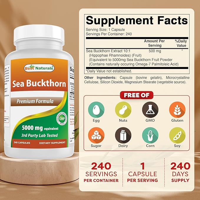 Best Naturals Sea Buckthorn Oil Powder Extract 10:1 500 mg 240 Capsules - Non-GMO, Gluten Free - Contains Naturally Occuring Omega-7 Palmetoleic Acid