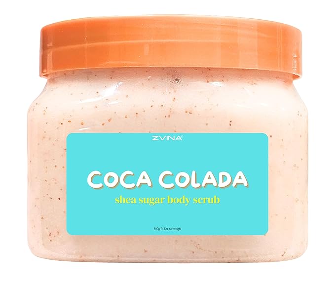 Shea Sugar Body Scub, Coca Colada Scent (21.5 oz) Exfoliating Body Scrub, Natural Coconut, Pineapple for Dry Skin, Moisturizing, Skin Polish for Smooth, Glowing Skin
