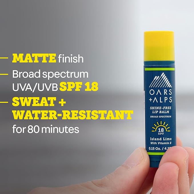 Oars + Alps Lip Suncreen, SPF 18 Lip Balm, Shine Free Sunscreen for Lips, Infused with Vitamin E & Shea Butter, Water & Sweat Resistant, Moisturizing, Hydrating, Island Lime Scent, 3pk