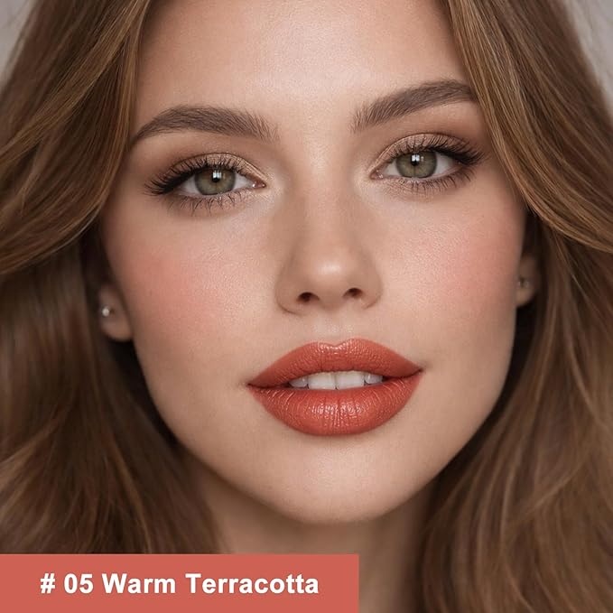 Warm Terracotta Cream Lipstick Lip Crayon, Hydrating Lipstick for Women, Smooth Natural Color Tinted Lip Balm & Lip Crayon Liner in One, Buildable Color with Soft Finish, 05