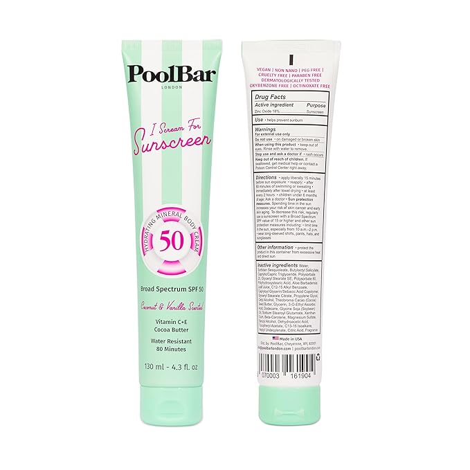 PoolBar SPF 50 Hydrating Mineral Body Sunscreen Cream for Women and Men Skin Care - Coconut Vanilla Scent Sun Care, Vegan and Water Resistant, Broad Spectrum Sunscreen, 130 ml (4.3 Fl. Oz)