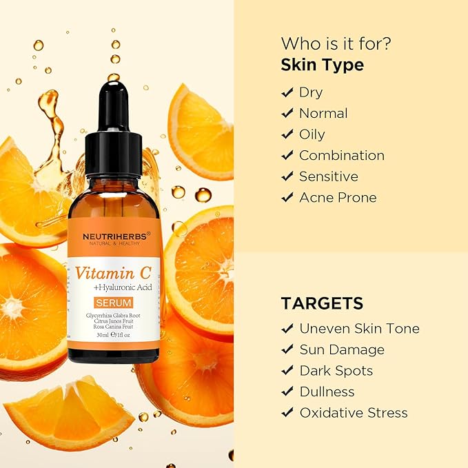 NEUTRIHERBS Vitamin C Serum for Face with Hyaluronic Acid, Firm, Anti Aging, Brighten, Even Skin, Daily Skincare Natural Nourish Facial Serum,1 fl oz