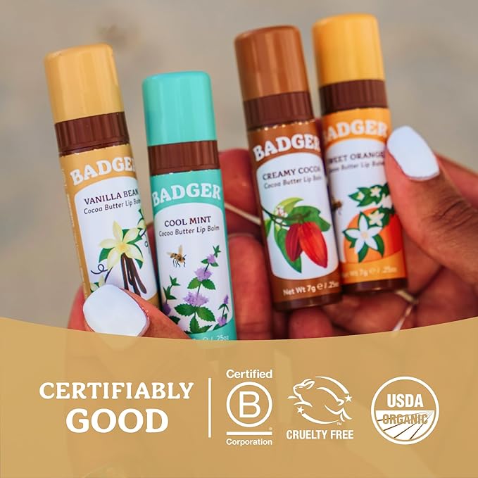 Badger Vanilla Bean Cocoa Butter Lip Balm, Long Lasting Hydrating Lip Care, 100% Organic Lip Balm, Large Size Stick, 4-pack