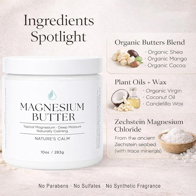 Magnesium Butter, Calming & Soothing Topical Magnesium lotion, with Shea, Mango & Cocoa Butter, Deep Moisture & Skin Comfort, Smooth & Non-Greasy Feel, 10 oz (1)